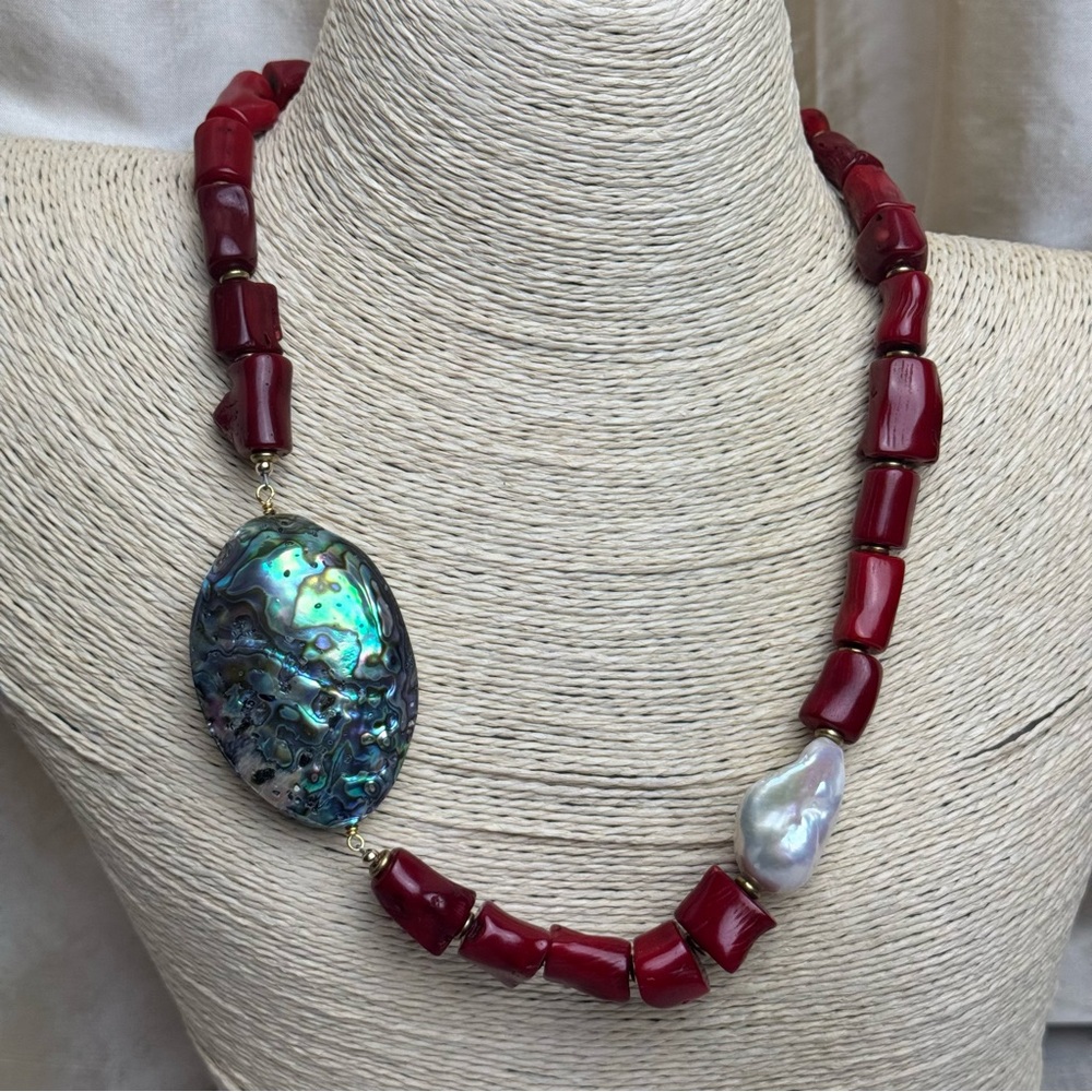 Handmade Coral Abalone Pearl Beaded Statement Necklace - Picture 8 of 8